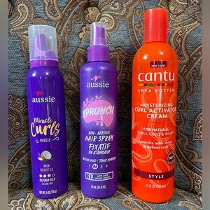 Aussie Sprunch Non-Aerosol Hair Spray, Miracle Curls Mousse, Cantù Curl Cream
